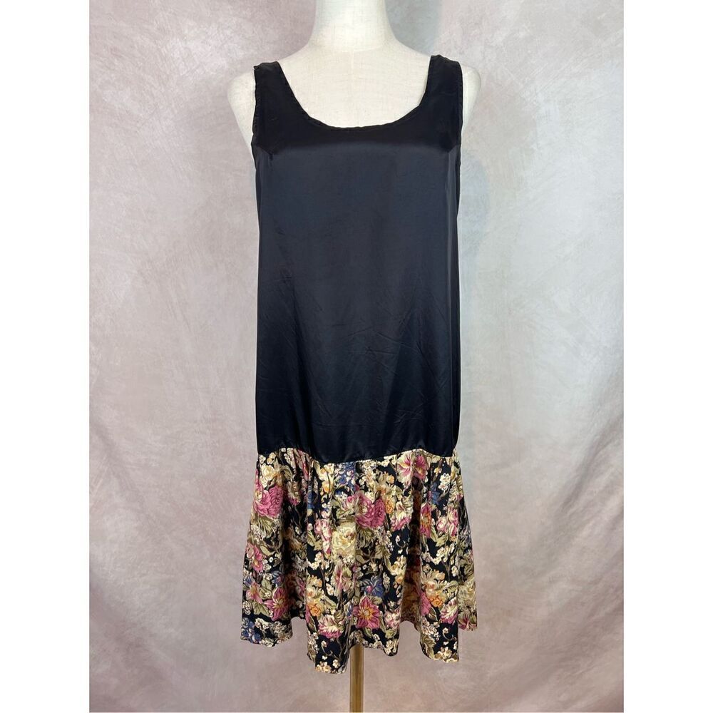 Vintage Black and Floral Drop Waist Dress 90s Grunge Goth Emo